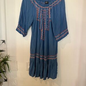 Blue Embroidered Peasant Dress with Coral Accents